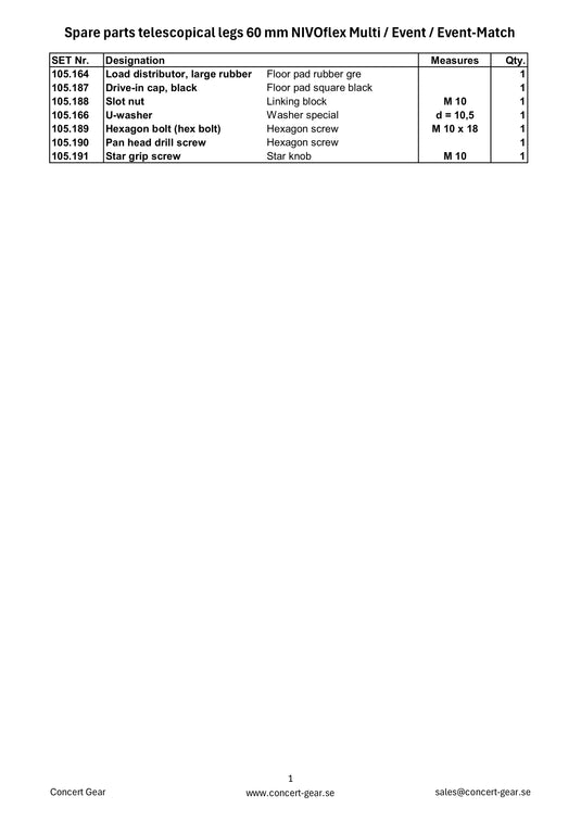 Spare parts telescopical legs 60 mm NIVOflex Multi/Event/Event-Match-NIVOflex-Concert Gear