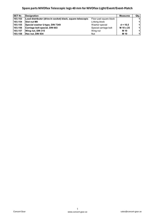 Spare parts NIVOflex Telescopic legs 40 mm for NIVOflex Light/Event/Event-Match-NIVOflex-Concert Gear